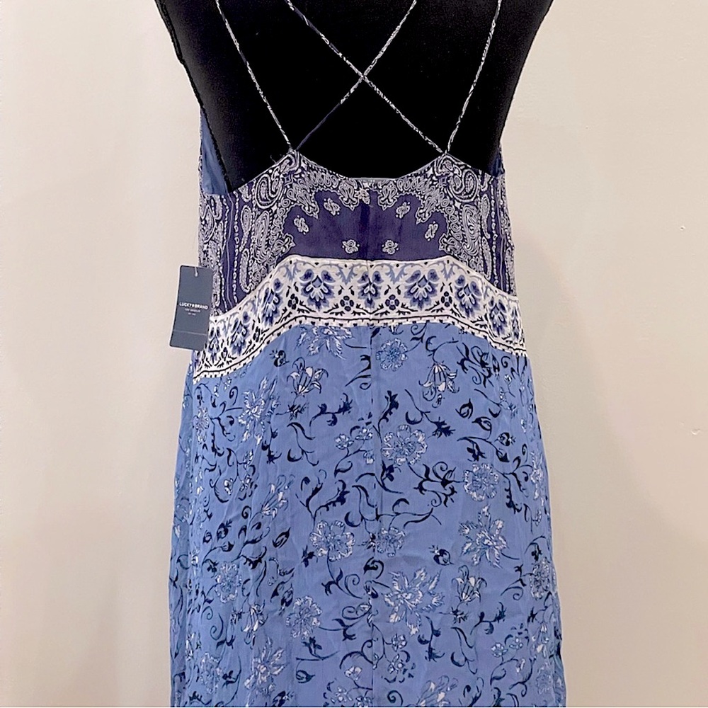 NWT Lucky Brand Blue Bandana Slip Summer Dress Multi Ditsy Floral Dipped Hemline
